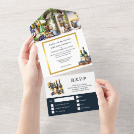 Invitación Todo En Uno Vino acuarela botellas de vino uvas moda de vid