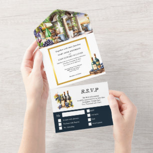 Invitación Todo En Uno Vino acuarela botellas de vino uvas moda de vid