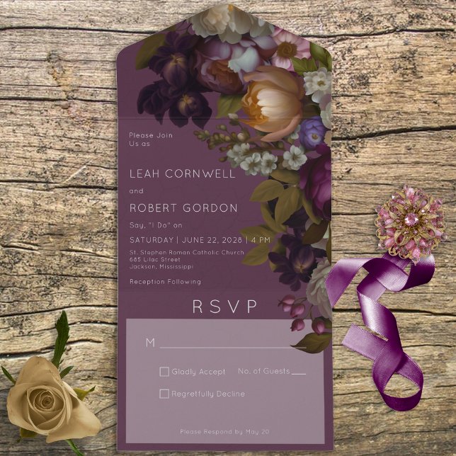 Invitación Todo En Uno Vino Borgoñoso oscuro Floral gótica sin cena (Subido por el creador)