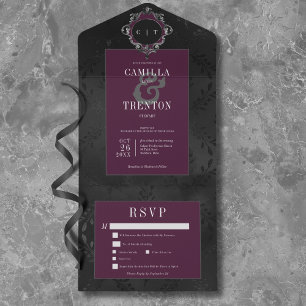 Invitación Todo En Uno Vino Negro Floral Satinado Oscuro Gótico Cena