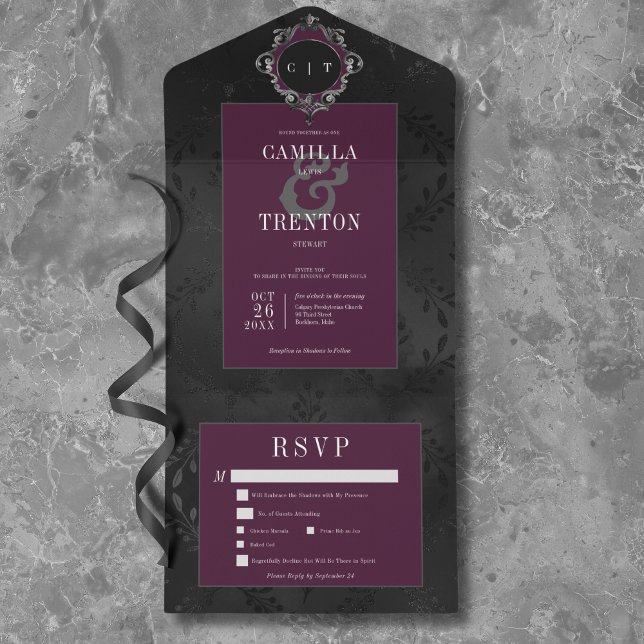 Invitación Todo En Uno Vino Negro Floral Satinado Oscuro Gótico Cena (Dark Gothic Black & Purple Floral Satin Dinner All In One Invitation)