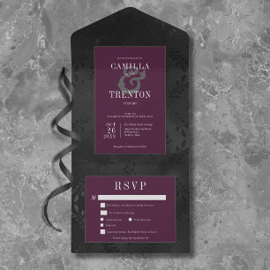 Invitación Todo En Uno Vino Negro Floral Satinado Oscuro Gótico Cena