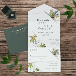 Invitación Todo En Uno Vinos románticos Jardín mínimo Azul verde