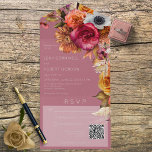Invitación Todo En Uno Vintage Boho Jewel & Pink Floral QR Code<br><div class="desc">DISPONIBLE CON O SIN CÓDIGO QR PARA ESCALAR EN EL ÁREA RSVP. El diseño se compone de grandes fuchsia magenta rosa, blanco, melocotón y flores doradas con vegetación y hierbas secas sobre un fondo polvoriento rosa con un aspecto suave y envejecido. Agregue un código QR a su invitación para que...</div>