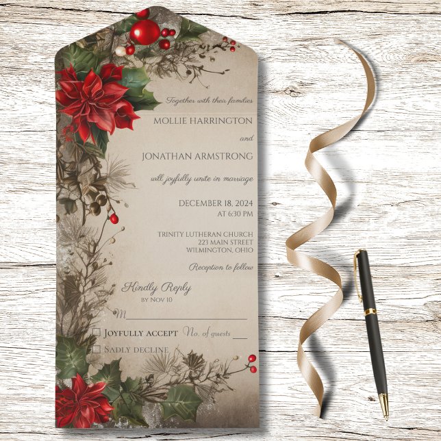 Invitación Todo En Uno Vintage Christmas Pine & Poinsettia (Subido por el creador)