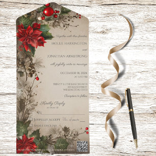 Invitación Todo En Uno Vintage Christmas Pine & Poinsettia QR Code