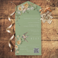 Vintage Floral & Bird Sage Green QR Code