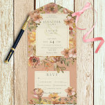 Invitación Todo En Uno Vintage Floral Blush Pink & Rust Dinner<br><div class="desc">ALSO AVAILABLE WITH A QR CODE OR WITHOUT DINNER SELECTION OPTIONS IN THE RSVP AREA. This vintage design has an aged porcelain look with tiny soft cracks on the background and text areas. The floral bouquets are gold, blush pink, rust, and cream with compliments of greenery. Soft feminine, and romantic....</div>
