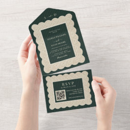 Invitación Todo En Uno Vintage Green Stripes Monogram Lace Wedding