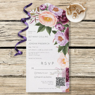 Invitación Todo En Uno Vintage Maroon Lavender & Peach Peonies Código QR