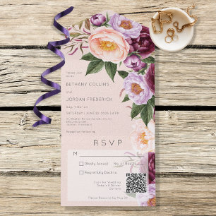 Invitación Todo En Uno Vintage Peach Lavender y Maroon Peonies QR Code