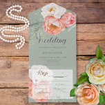 Invitación Todo En Uno Vintage Peonies en la sabia cena verde<br><div class="desc">DISPONIBLE CON O SIN CÓDIGO QR O CON O SIN OPCIONES DE SELECCIÓN DE CENAS. Suave y romántico, este diseño presenta melocotón ondulado y peonías blancas sobre un suave fondo de rocío verde vintage. Agregue un código QR a su invitación para que los visitantes puedan acceder rápidamente a su sitio...</div>