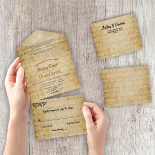 Invitación Todo En Uno Vintage Retro Old Sheet Music Note Rústico Boda