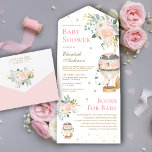 Invitación Todo En Uno Vintage Rubor Pink Hot Air Balloon Baby Shower<br><div class="desc">Sorprenda a sus huéspedes con esta elegante ducha de bebé,  que incluye un bonito globo de aire caliente y hermosas flores con una tarjeta de pedido de libro desmontable. Simplemente agregue los detalles de su evento en esta plantilla fácil de usar para convertirla en una invitación única.</div>