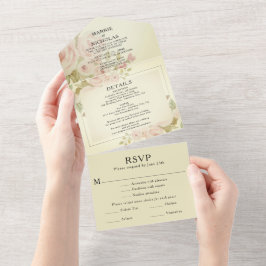 Invitación Todo En Uno Vintage Rubor Rosa Rosa Floral Vegetación de color