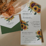 Invitación Todo En Uno Vintage Rustic Boho Sunflowers Boda<br><div class="desc">Aprovecha tu estancia con esta elegante invitación de bodas con hermosas flores y una moderna tipografía con una tarjeta postal RSVP. Simplemente agregue los detalles de su evento en esta plantilla fácil de usar para convertirla en una invitación única.</div>