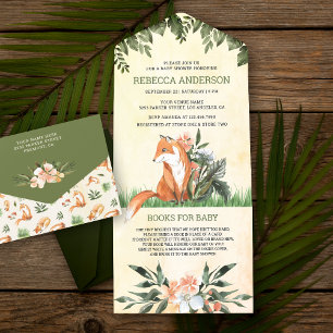 Invitación Todo En Uno Vintage Rustic Woodland Cute Fox Baby Shower