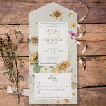 Invitación Todo En Uno Vintage Summer Sunflower Cream Dinner<br><div class="desc">DISPONIBLE CON O SIN CÓDIGO QR O CON O SIN OPCIONES DE SELECCIÓN DE CENAS. Este diseño presenta un bonito marco de girasoles acuáticos suaves y otras flores estivales sobre un fondo blanco opaco. Es romántico con un toque de cosecha. Creado por Simply Farmhouse Press, es parte de la Vieja...</div>
