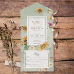Invitación Todo En Uno Vintage Summer Sunflower Sage Green Dinner<br><div class="desc">DISPONIBLE CON O SIN CÓDIGO QR O CON O SIN OPCIONES DE SELECCIÓN DE CENAS. Este diseño presenta un bonito marco de girasoles acuáticos suaves y otras flores estivales sobre un suave fondo verde afligido. Es romántico con un toque de cosecha. Creado por Simply Farmhouse Press, es parte de la...</div>