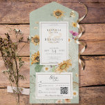 Invitación Todo En Uno Vintage Summer Sunflower Sage Green QR Code<br><div class="desc">DISPONIBLE CON O SIN CÓDIGO QR O CON O SIN OPCIONES DE SELECCIÓN DE CENAS. Este diseño presenta un bonito marco de girasoles acuáticos suaves y otras flores estivales sobre un suave fondo verde afligido. Es romántico con un toque de cosecha. Creado por Simply Farmhouse Press, es parte de la...</div>