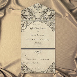 Invitación Todo En Uno Vintage Until Death Black Parchment Wedding