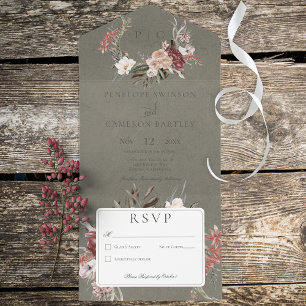 Invitación Todo En Uno Vintage verde sabio floral Wreath sin cena