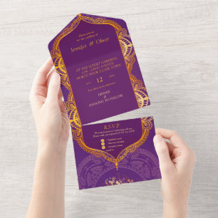 Invitación Todo En Uno Violet con Mandalas doradas