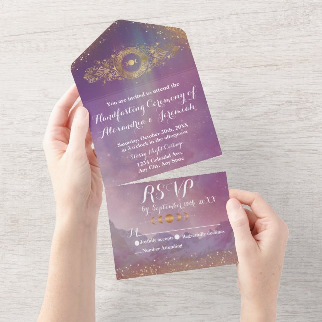 Invitación Todo En Uno Violet Sky Gold Moon All in One Handfasting Invite (desgarro)