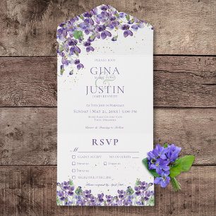 Invitación Todo En Uno Violetas Moradas Rústicas Brillo Dorado Cena