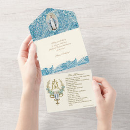 Invitación Todo En Uno Virgen religiosa María azul aniversario vintage al