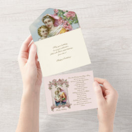 Invitación Todo En Uno Virgen Religiosa María Floral Azul cumpleaños