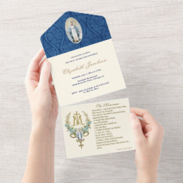 Invitación Todo En Uno Virgen religiosa María Floral Azul Vintage