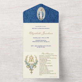 Invitación Todo En Uno Virgen religiosa María Floral Azul Vintage