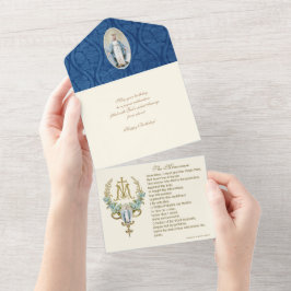 Invitación Todo En Uno Virgen religiosa María Floral Azul Vintage
