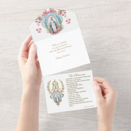 Invitación Todo En Uno Virgen religiosa María Floral Azul Vintage