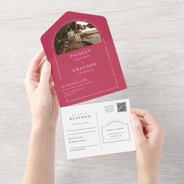 Invitación Todo En Uno Viva Magenta Moderno Arco Minimalista Foto Código  (desgarro)