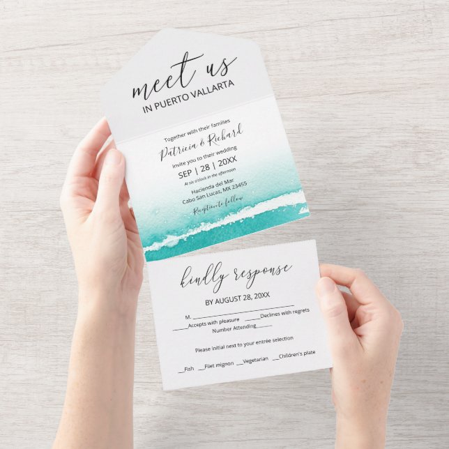 Invitación Todo En Uno Watercolor Beach Caribbean Destination Wedding (desgarro)