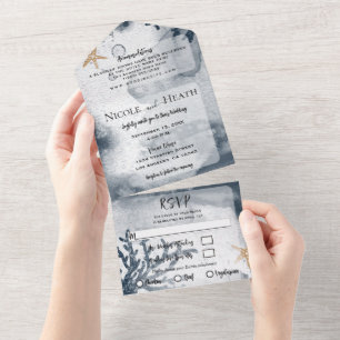 Invitación Todo En Uno Watercolor Beach Starfish Coral Blue Boda