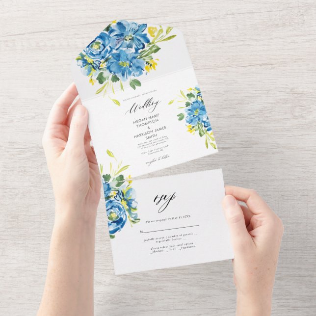 Invitación Todo En Uno Watercolor Blue Flower Wedding Invitation (desgarro)