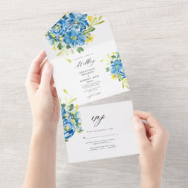Invitación Todo En Uno Watercolor Blue Flower Wedding Invitation