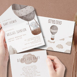 Invitación Todo En Uno Watercolor Boho Hot Air Balloon Baby Shower