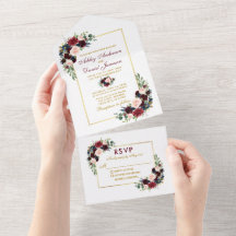 Watercolor Burgundy Blue Floral Boda Gold