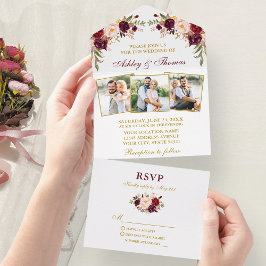 Invitación Todo En Uno Watercolor Burgundy Floral 3 Foto Boda de oro