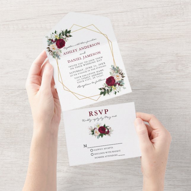 Invitación Todo En Uno Watercolor Burgundy Floral Greeneration Boda Geo (desgarro)