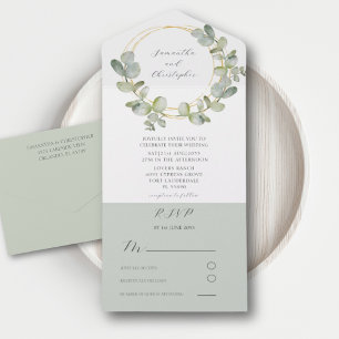 Invitación Todo En Uno Watercolor Eucalyputus Greeneration & Gold Boda
