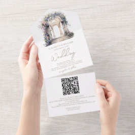 Invitación Todo En Uno Watercolor Floral Arch Wedding Rsvp QR Code