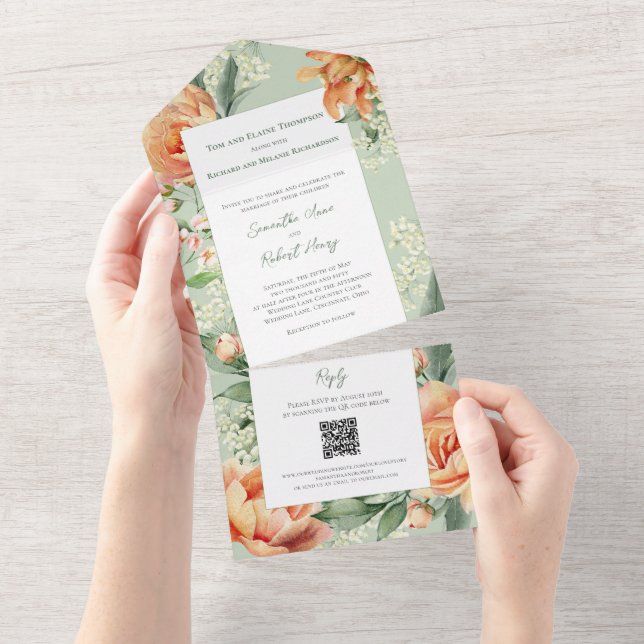 Invitación Todo En Uno Watercolor Floral Elegante Boda (desgarro)