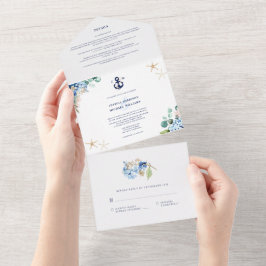 Invitación Todo En Uno Watercolor Floral Monograma Anchor Beach Wedding