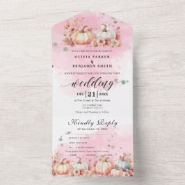 Invitación Todo En Uno Watercolor Floral Otoño Calabaza Rosa Boda Caída