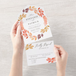 Invitación Todo En Uno Watercolor Foliage otoño Wreath Fall Wedding